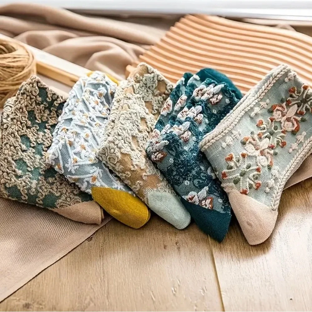 Women’s Socks Embroidery Floral Socks 5pairs Geometric Textured Mid Calf Socks